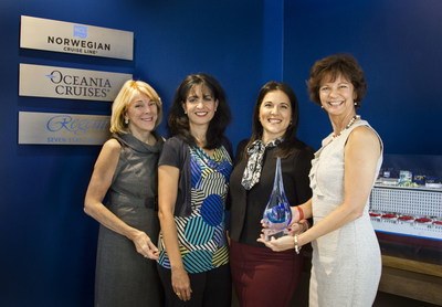 Landry & Kling's founders Jo Kling (left) and Joyce Landry (far right) presented a commemorative award to Norwegian Cruise Line Holdings' Katina Athanasiou, VP Charters, Meetings and Incentives; also shown, NCLH's Lisette Martinez, Director of Sales Operations and Services, Charters, Meetings & Incentives.