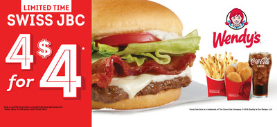 Wendy's just made the best deal in town even better by adding the Swiss Jr. Bacon Cheeseburger to the 4 for $4 Meal. Made with Wendy's fresh, never-frozen beef, thick-cut Applewood Smoked Bacon, and topped with a slice of creamy Swiss and a dollop of ranch, the Swiss Jr. Bacon Cheeseburger 4 for $4 Meal comes with four all white-meat chicken nuggets, small fries, and a small drink--all for $4. Now you have three great ways to enjoy a 4 for $4 Meal.