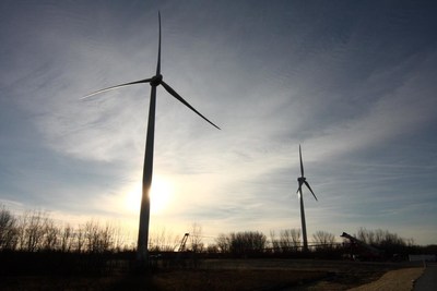SC Johnson's two 415-foot wind turbines used to help power its Waxdale manufacturing facility in Mount Pleasant, Wisconsin. Photo courtesy SC Johnson