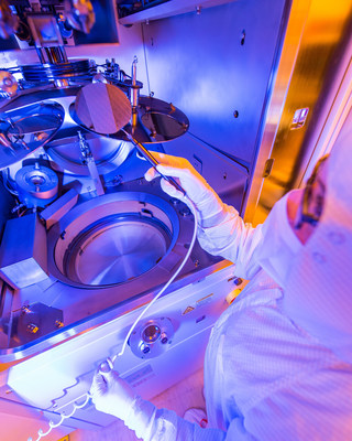 A Gallium Nitride (GaN) wafer undergoes the fabrication process in Raytheon's foundry.