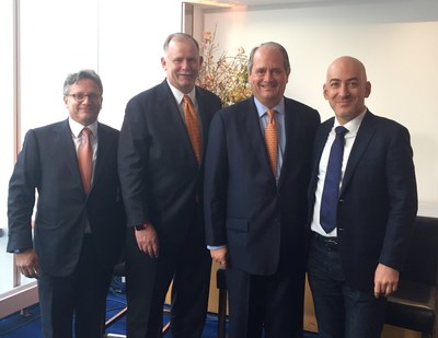 Voya leaders join Shlomo Benartzi (far right), professor and co-chair of the Behavioral Decision-Making Group at UCLA Anderson School of Management, in New York City for the launch of Voya's Behavioral Finance Institute for Innovation. Pictured from Voya (left to right): Alain Karaoglan, chief operating officer; Charlie Nelson, chief executive officer of Retirement; and Rodney O. Martin Jr., chairman and CEO.