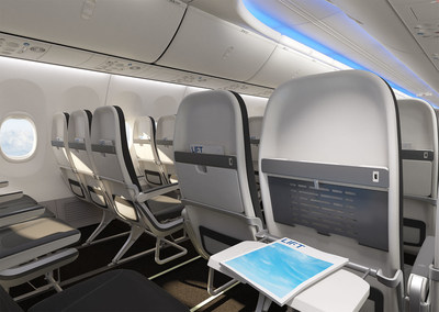 LIFT by EnCore Tourist Class Seating spatially, structurally and aesthetically integrated into the 737 Boeing Sky Interior