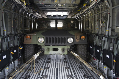 U.S. Marine Corps aircrew load the King Stallion's High Mobility Multipurpose Wheeled Vehicle cargo with ease