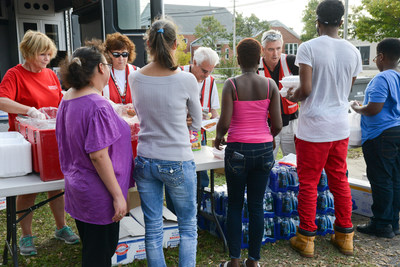 American Red Cross staff provide food for Hurricane Matthew survivors in Lumberton, NC.