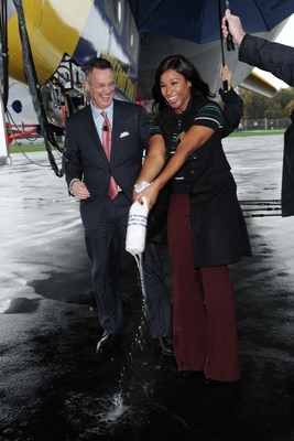Savannah James, Akron, Ohio, native, philanthropist and wife of LeBron James, christens The Goodyear Tire & Rubber Company's newest blimp - Wingfoot Two - alongside Goodyear Chairman, Chief Executive Officer and President Richard J. Kramer, on Fri., Oct. 21, 2016 in Akron. The official christening of Wingfoot Two marks the growth of Goodyear's new, innovative fleet of iconic blimps.