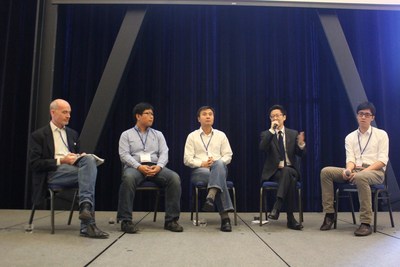 Greg LaBlanc (first from left), principal of Business College of CUB, Machael Li (second from left), LinkedIn and Bo Tao(third from left) engineering vice president of Cheetah Mobile Inc., Reynold Xin (first from right), co-founder of Databricks attended the Forum