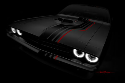 A teaser sketch of a Dodge Challenger modified with Mopar production and concept products, one of many customized rides the Mopar brand will showcase in its display at the 2016 Specialty Equipment Market Association (SEMA) Show in Las Vegas.