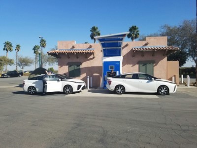 A pair of Toyota Mirai electric fuel-cell cars at the True Zero hydrogen-charge station at Harris Ranch, Coalinga, Calif. True Zero's hydrogen has powered FCEVs to m...<br /><br />Source : <a href=