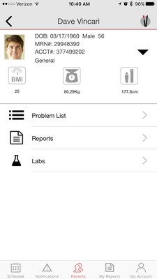 Vincari Mobile's Patient tab allows physician users to select individual Patient Profiles (like the one shown for Dave Vincari). From the Patient Profile users can see patient's problem list, reports associated with that patient, labs, and more.