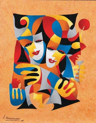 "Two Masks" (1998), by Anatole Krasnyansky. Watercolor and acrylic painting on handmade Japanese paper.