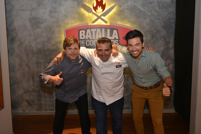 Chefs Poncho Cadenas and Buddy Valastro with host Leandro 'Chino' Leunis from the Discovery Familia's series Batalla de Cocineros.
