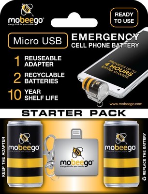 Mobeego Emergency Battery Starter Kit. Adapter is reusable. Batteries refills are only needed thereafter. 10 year shelf life. Up to 4 hours of additional charge. Great for natural emergencies, sporting events, tourists, travel, restaurants, on-the-go people.