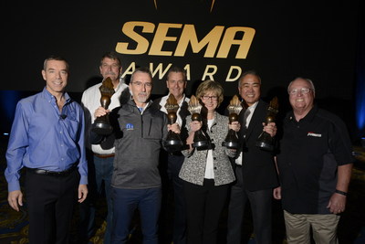 2016 SEMA Show Hottest Vehicle Award Winners with SEMA From L to R: Chris Kersting, SEMA President and CEO; Doug Evans, SEMA Chairman of the Board, Director of New Business Development Bonnier Corporation; Pietro Gorlier, Head of Parts and Service, MOPAR FCA-Global; Judy Curran , Ford Director for Engineering, Planning and Strategy, SEMA Chairman-Elect Wade Kawasaki, President, Coker Group Nate Shelton,Former SEMA Chairman of the Board, Board Director, Driven Performance Brands