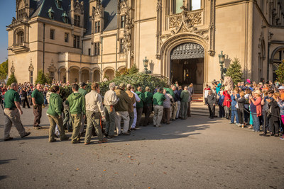 Biltmore crew members work together to carry the 3500-pound Fraser Fir into Biltmore House where it will reside for Christmas at Biltmore, running Nov. 4, 2016, through Jan. 8, 2017.