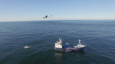 Aurora's Centaur Optionally-Piloted Aircraft flies above the M/V OCEARCH providing aerial assistance in locating great white sharks in the waters off of Nantucket.
