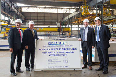 (From left to right) Firouz Mal, Newbuild Project Manager, Keith Taylor, Executive Vice President of Fleet Operations, Elio Autiero, General Manager of Human Resources and Carlo Febbraro, Director of Shipboard Technical Personnel, at the steel cutting ceremony for the new Princess ship.