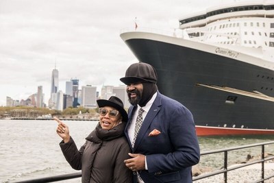 Dee Dee Bridgewater and Gregory Porter about to board Cunard's flagship Queen Mary 2 in New York City, to perform on the Blue Note "Jazz at Sea" Transatlantic Crossing just before the liner set sail for Southampton, England, October 25, 2016.