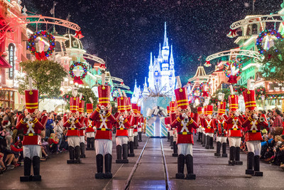 Toy soldiers parade down Main Street at Mickey's Very Merry Christmas Party, one of many unforgettable festive activities in Orlando this holiday season.