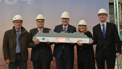 Celebrity Cruises continues to be a trailblazer in modern luxury travel as President and CEO Lisa Lutoff-Perlo cuts the first piece of steel for Celebrity Edge, the first ship of its class. (Photographed from left to right: Jean-Yves Jaouen, Operations Senior Vice President, Harri Kulovaara, EVP New Build and Innovation, Richard D. Fain, Chairman and CEO of Royal Caribbean Cruises, Ltd., Lisa Lutoff-Perlo, Celebrity Cruises President and CEO, Laurent Castaing, General Manager STX France)