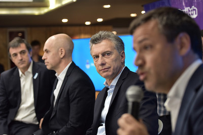 (L-R)Minister for Education and Sports, Esteban Bullrich; the Head of Government of Buenos Aires City, Horacio Larreta, President of the Argentine Nation, Eng. Mauricio Macri and CEO at IMS, Gaston Taratuta.