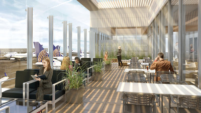 Chic, Contemporary United Club at LAX. People sitting chairs with planes outside glass windows.