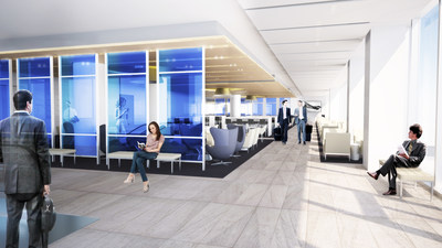 United Club at LAX. Peaple walking around the new chic space.