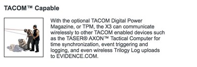 TASER's website from March 27, 2010 for TACOM technology, which allows a TASER device to communicate wirelessly to Axon cameras for time synchronization, event triggering and logging.