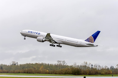 United 777-300ER taking off in air.