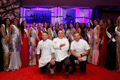 Chefs Michael Voltaggio, Jose Andres and Bryan Voltaggio pose with Miss World contestants at MGM National Harbor's grand opening party